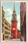 Massachusetts Boston Old North Church Street View Clock Tower Linen Vtg Postcard