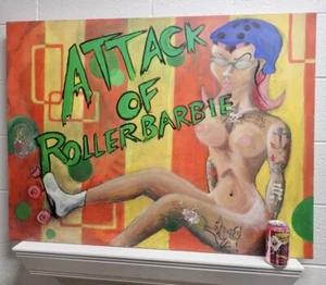 Original Outsider Art Pop Art Painting "ATTACK OF ROLLERBARBIE" signed on back - Picture 1 of 12