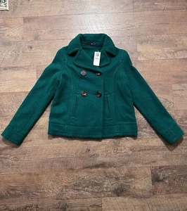 New Gap Jacket Womens Small Green Double Breasted Pea Coat Cotton Pockets NWT - Picture 1 of 10