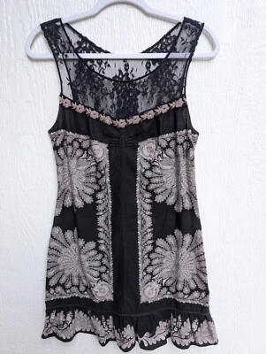 Vestido Free People Barbary Coast Negro Beige Lino Encaje Pavo Real Volantes Dobladillo Talla 6 Foto 1 de 4