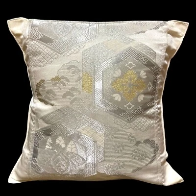 16" Glittering Japanese Kimono Obi Pillow Cover Handmade/White/ Flower F/S 328 - Image 1 of 4