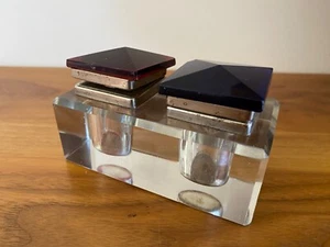 1930's Art Deco Crystal Double Inkwell w Red & Blue Tops - Picture 1 of 16