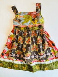 MATILDA JANE CORAL PINK GREEN BROWN CIRCLE FLORAL PRINT APRON TIE DRESS*GIRLS 4 - Picture 1 of 5