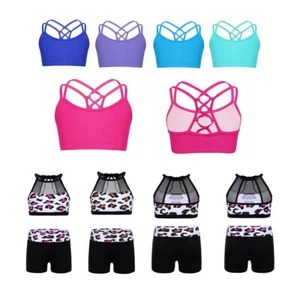 Kids Girls Tanks Bra Crops Tops Ballet Dance Gym Performance Sports Workout Suit - Picture 1 of 76