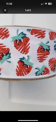 2 1/4" Strawberries on White Grosgrain Ribbon 50yd Spool (US Seller) - Image 1 of 2