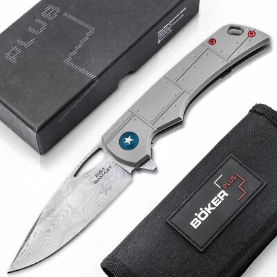 BOKER PLUS® P-51 Damast Pocket Knife 4.25" Damascus Blade Framelock - 01BO910DAM - Image 1 of 4