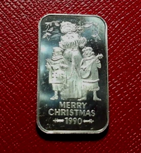 1990 Merry Christmas-Carolers Art Bar 1 Troy oz.999 Silver by Madison Mint - Picture 1 of 3