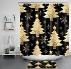 Snowflakes Snowy Pine Tree Black Gold Shower Curtain Set for Bathroom Decor