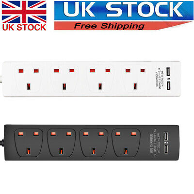 Extension Lead With 2 USB Cable Electric Plug Socket UK Mains Power 4 Gang Way • 9.99£