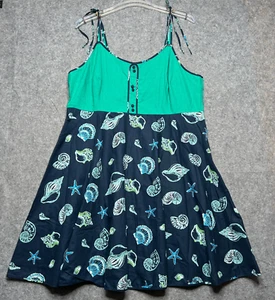 ModCloth Sun Dress Womens 2X Blue Sea Shells Beachy Fun Waving At The Waterfront - Picture 1 of 19