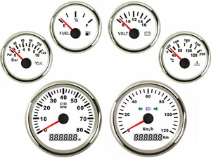 6 Gauge Set 120KM/H GPS Speedometer W/ Indicators Tacho Fuel Volt Oil Temp White - Picture 1 of 7