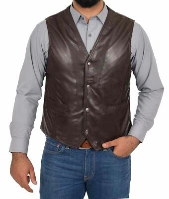 Gilet En Cuir D'Agneau Marron Pour Homme Fait Main En Laine De Mouton Pur - Photo 1/4