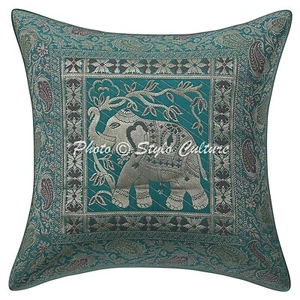 Ethnic Brocade Throw Pillow Cover Green 16 Inch Jacquard Elephant Cushion Cover - Picture 1 of 6