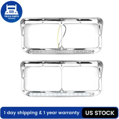 Chrome Headlight Bezels w/LED White Light Pair For Kenworth T400 T600 T800 W900 - Image 1 of 4