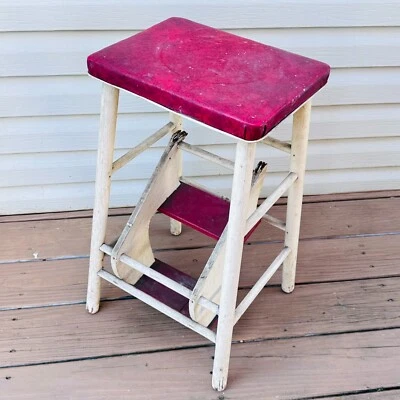 vtg wood step stool fold out steps White w red farmhouse 50s - Image 1 of 4
