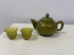 Chinese Spinach Jade Pumpkin Teapot With 2 Lighter Tea Bowls Plus Bowl With Lid - Picture 1 of 23