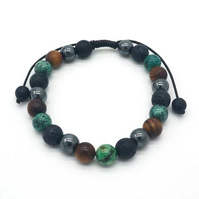 Mens African Turquoise Lava Rock Wood Hematite Gemstone Bracelet – Healing - Image 1 of 2
