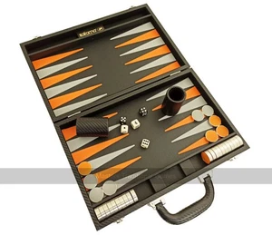 Italfama Deluxe Handmade Leatherette Backgammon Set(Black/Grey/Orange) (UK) - Picture 1 of 2