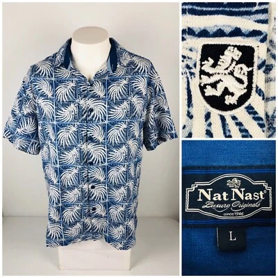 Nat Nast Mens Large Shirt Silk Cotton Blend Blue Leaves Tropical EUC - Image 1 of 4