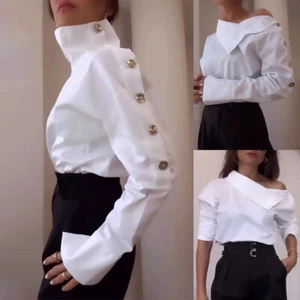 Women Loose Shirts Metal Button Long Sleeve High Neck Blouse Tops Plus Size 6-22 - Picture 1 of 10
