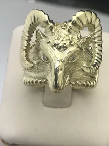 Vintage 14k Yellow Gold Ram’s Head Ring With Natural Diamond On The Eyes . - Picture 1 of 9