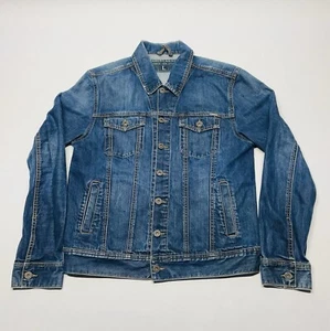 Boxy Distressed Dark Wash Jean Denim Trucker Jacket Size L Moto 90s Y2K Grunge - Picture 1 of 15