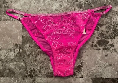 VICTORIA'S SECRET XS PINK SILVER LACE FASHION SHOW RARE STRING BIKINI PANTIES - Image 1 of 4