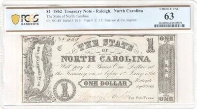 1862 $1 Treasury Note State Of North Carolina Raleigh PCGS Choice UNC 63 Details - Image 1 of 2