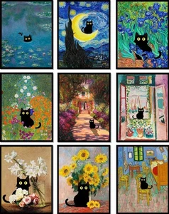 9Pcs Funny Black Cat Wall Art Cats in Famous Paintings Posters Prints Vintage... - Picture 1 of 6