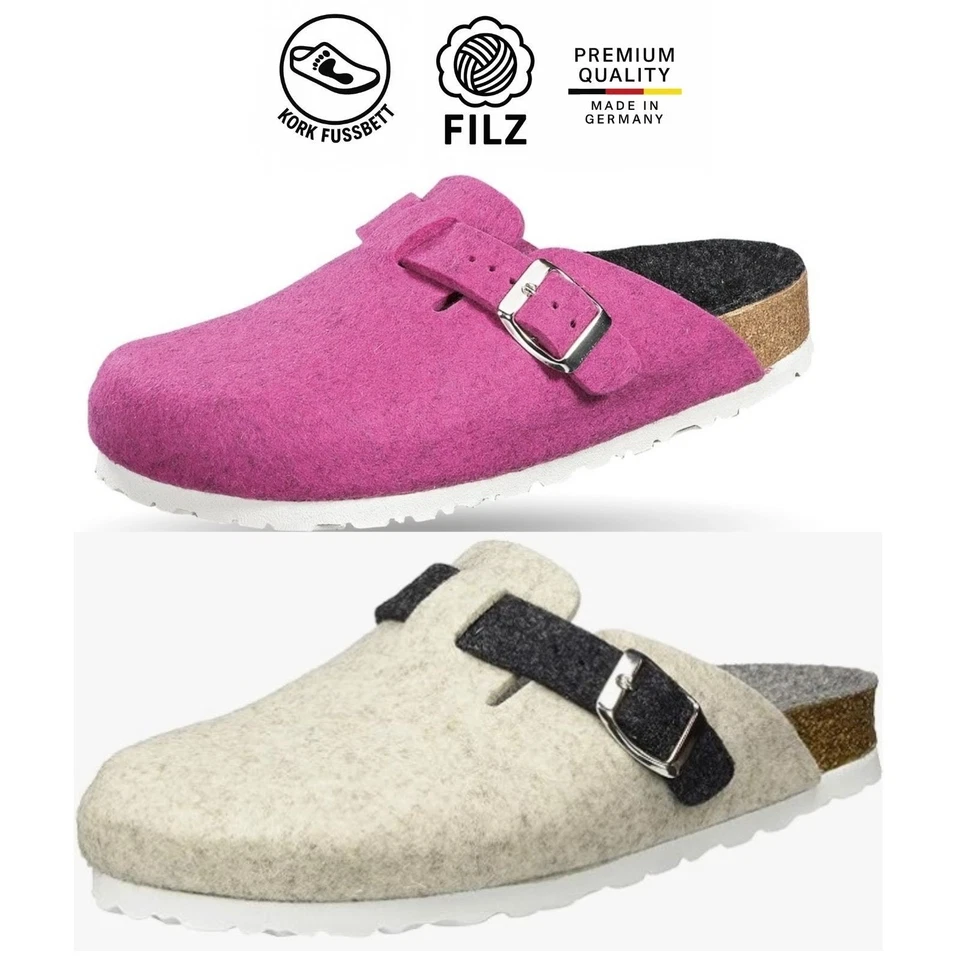 Weeger Filz Clog Damen Herren Hausschuhe Pink Beige-Anthrazit mit Kork Gr. 35-47 - Bild 1 von 1