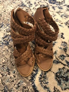 ZARA Brown Braided Leather Sandals Block Heel Back Zip Ankle Bootie EU 39 - Picture 1 of 9