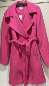 Womens Wool Look Bright Pink Preppy Winter Long Belted Trench Coat Size XL NWTS - Picture 1 of 13