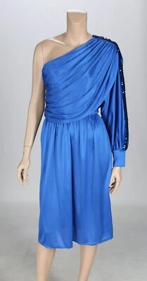Unbranded Vintage 80s Blue One Shoulder Sequin Disco Party Prom Dress sz M - Image 1 of 3