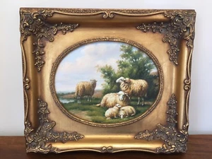 Pintura al óleo sobre lona ovejas pastoreo con paisaje - Imagen 1 de 8