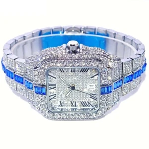 Luxury Iced Out Diamond Watch with Blue Sapphire Accents - Roman Numerals - Gift - Picture 1 of 9
