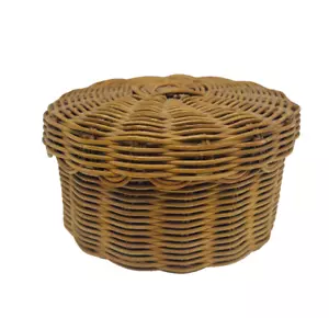 Zarter Vintage Korb aus geflochtenem Holzfaden oder Schmuck mit Deckel rosa Futter defekt - Bild 1 von 9
