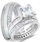 His Hers Wedding Rings Set Vintage Silver Princess CZ Bride Groom Rings Him Her