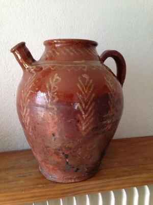 Cruche chevrette terre cuite vernissée  Poterie ancienne XIXème val de Saône  - Photo 1/4