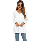 Spring Women's Solid Color Loose Casual V-Neck Puff Long Sleeve Tunic T-Shirt