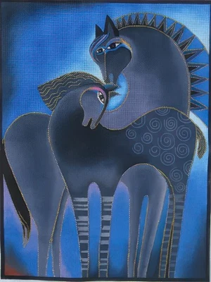 Needlepoint Handpainted Danji Indigo Horses 12x16 - Image 1 of 4