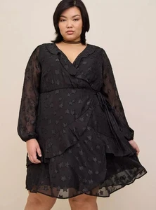 Vestido Torrid 3X Negro Lurex Estampado de Estrellas Sobrepelliz Envolvente Volantes Dobladillo Manga Larga - Imagen 1 de 3