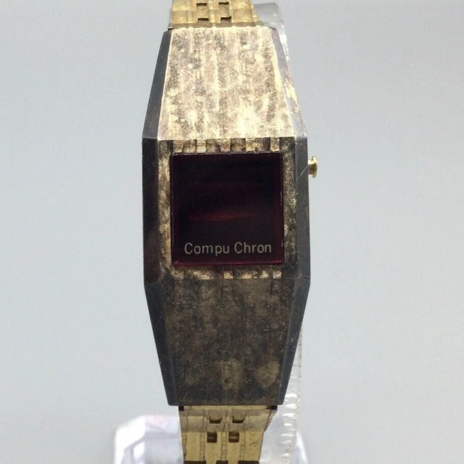 Vtg Compu Chron Watch Women Digital 20mm Gold Tone Red LED 1970's New Battery 6" - Image 1 of 4