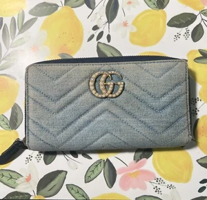 Gucci Long Wallet Round Zip MARMONT BLONDE Denim Authentic GUARANTEED or X2 $ - Picture 1 of 11