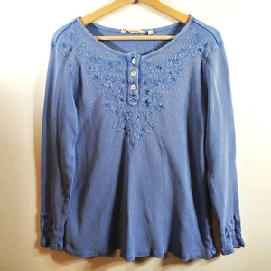 Soft Surroundings Embroidered Waffle Thermal Knit Long Sleeve Top SZ M Henley - Picture 1 of 9