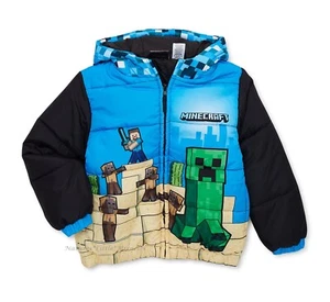 Minecraft Boys Puffer Jacket Size 4 Winter Coat Hooded Kids Creeper Steve Zombie - Picture 1 of 3