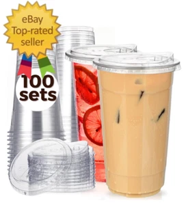100 Pack 32 oz Clear Plastic Cups with Strawless-Sip-Lids, Disposable Cups Plast - Picture 1 of 7