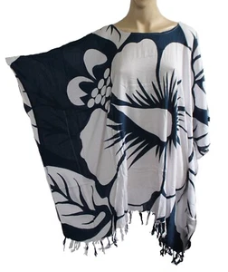 DARK BLUE/ WHITE Tropical PRINT Fringe Kaftan Poncho Tunic beach large plus size - Picture 1 of 3