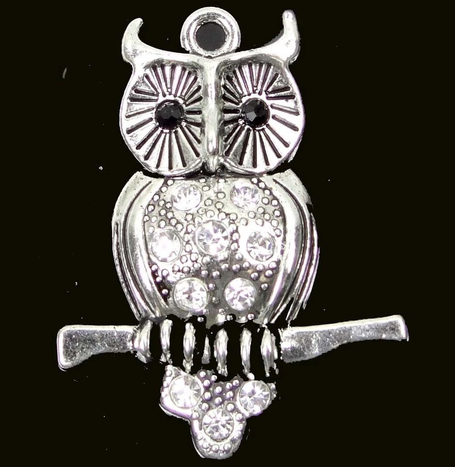 Colgante con dije de pájaro de plata antigua de 40 mm de diamantes de imitación de búho en rama y ojos negros  Foto 1 de 1