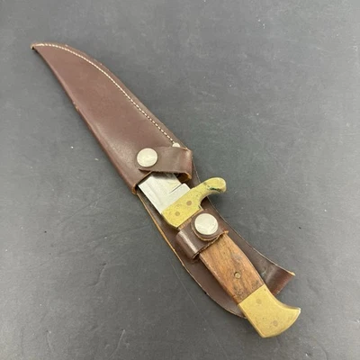Cuchillo de bota de hoja fija de acero inoxidable vintage Pakistán mango de latón y madera + funda Foto 1 de 4