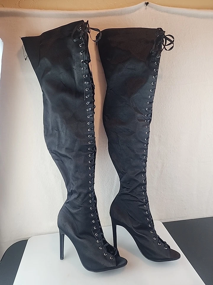  Forever 21 шикарный черный над колена ботинки со шпилькой каблук с открытым носком размер 8,5 - Изображение 1 из 4